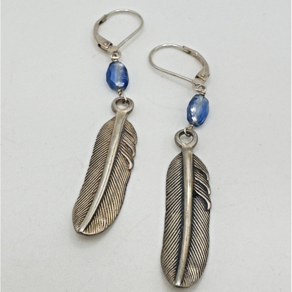 Vintage Sterling Silver Feather Earrings Artist Made Blue Gemstone 5.2g Quality